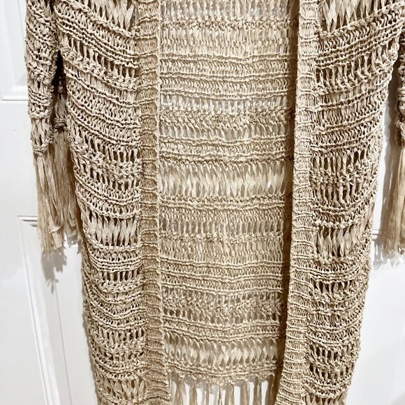Rue 21 Crochet Open Weave Fringe Cardigan 3/4 sleeve Size Small Tan Beach Cover - Picture 5 of 10